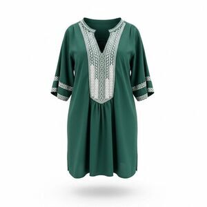 Green Embroidered Tunic Blouse Boho Short Sleeve Flowy 2XL